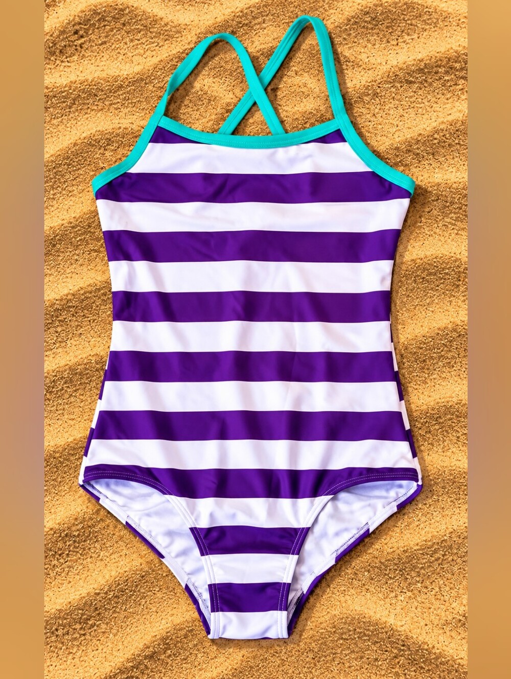 Kanu Surf Girls Size 14 Layla Purple Stripe One Piece Swimsuit NWT